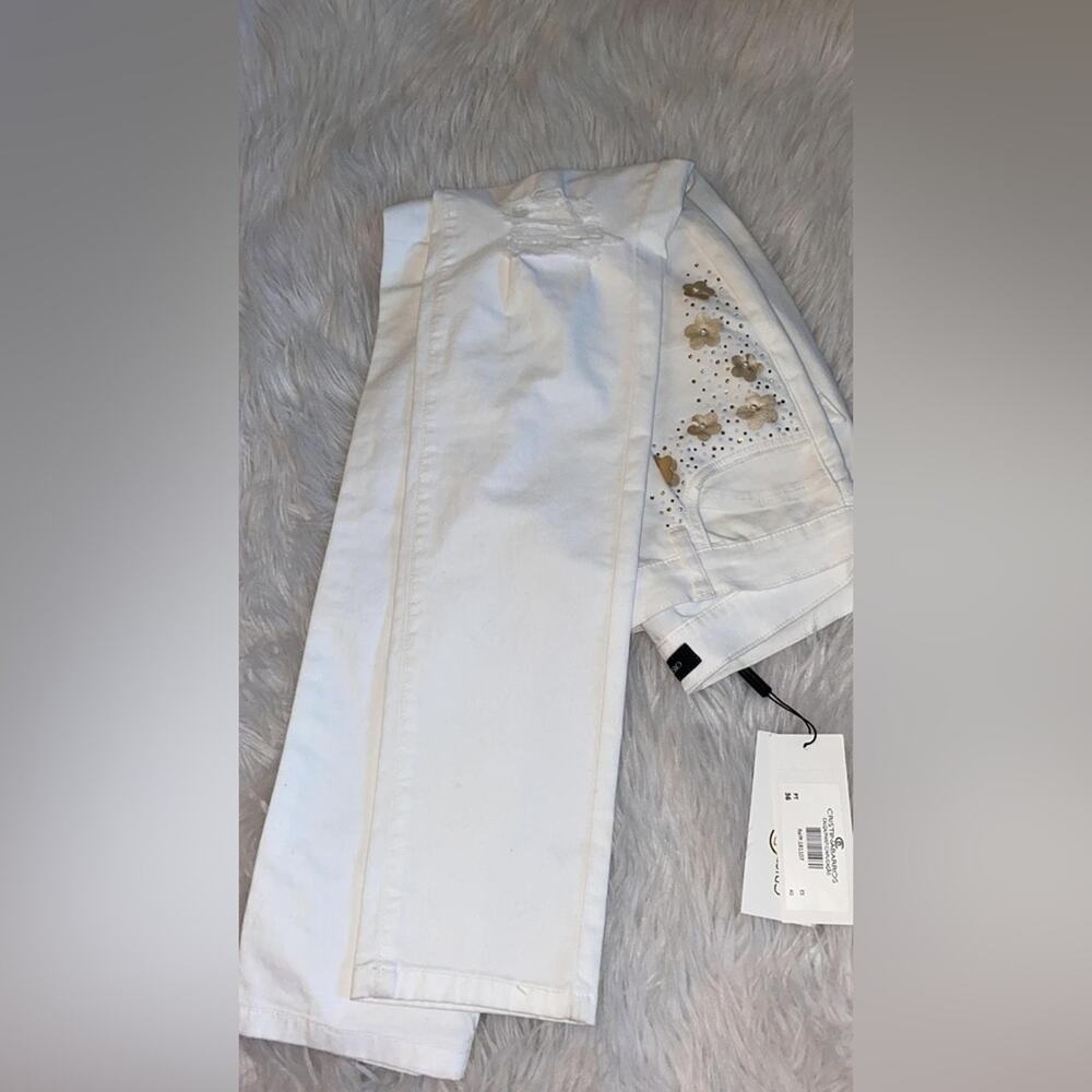 Cristina Barros Women's White Floral Embroidery Jeans - Straight Leg Cotton - Picture 5 of 10